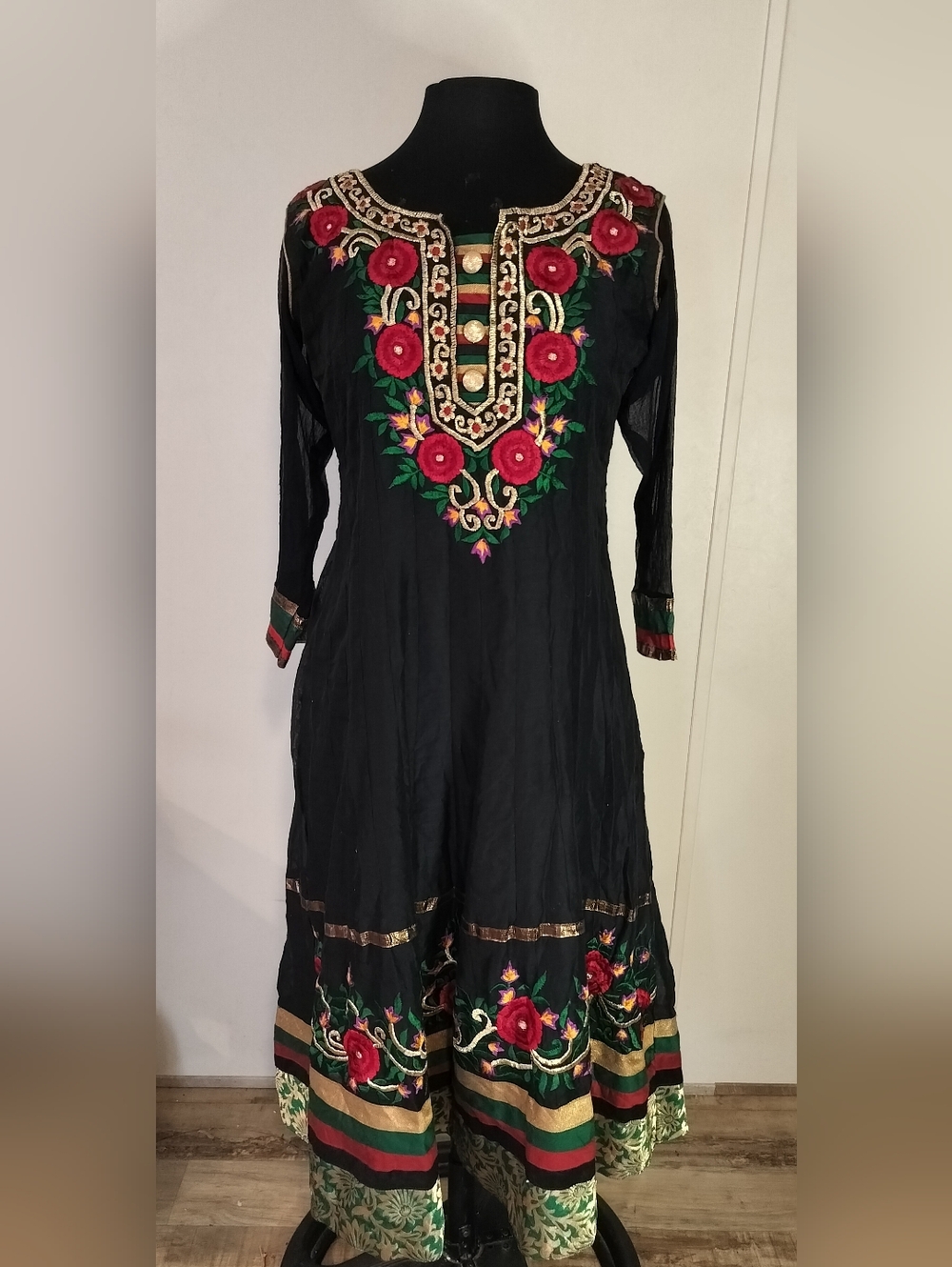 Black Long-Sleeve Embroidered Floral A-Line Dress